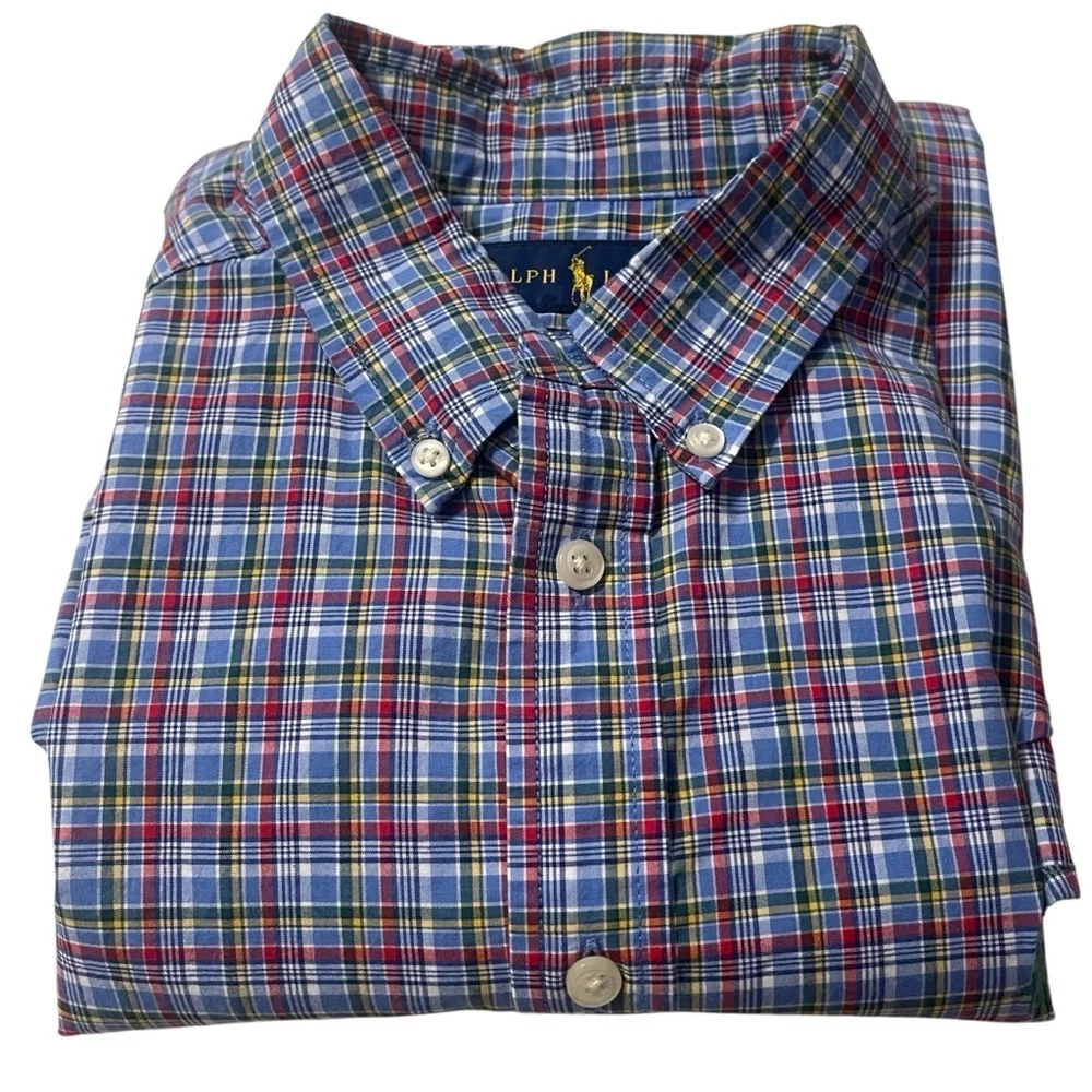 Ralph Lauren Boys Button Up Shirt Classic Blue Plaid Long Sleeve Youth Sz 14-16